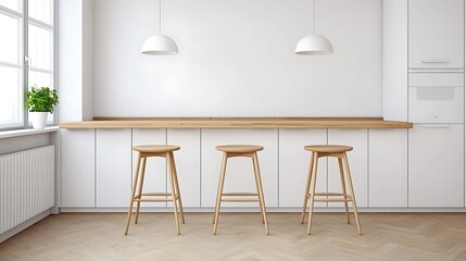 Bright, minimalist kitchen featuring three wooden stools, a light wood countertop, and stylish pendant lights for a clean, modern aesthetic.