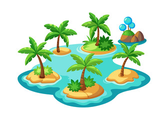 Cartoon Vector Set of Tropical Islands with Palm Trees