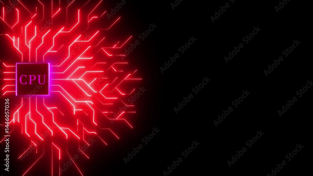 Poster neon circuit board. microchip with electronic circuit board glowing animation. futuristic glowing ne