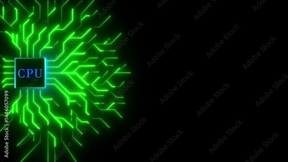 Poster neon circuit board. microchip with electronic circuit board glowing animation. futuristic glowing ne