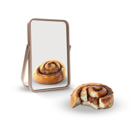 Bitten cinnamon roll reflecting in mirror as whole, white background. Opposite, contrast, difference