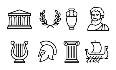 Naklejka premium Ancient greek culture icons set – outline style mythology, history, and architecture symbols for education: temple, laurel, amphora, philosopher, lyre, helmet, column, ship.