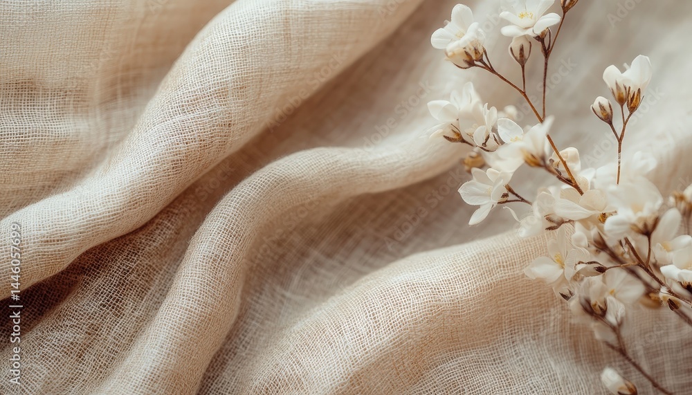 Poster close-up view of textured cream fabric showcasing natural fibers and soft waves during daylight in a