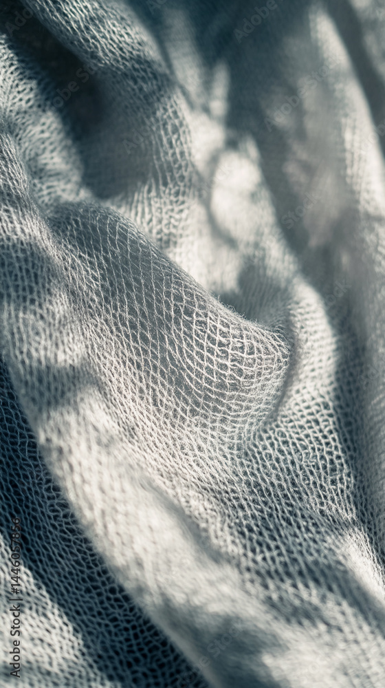 Poster close-up of grey fabric texture, showing soft, woven detail, creating a subtle, elegant appearance, 