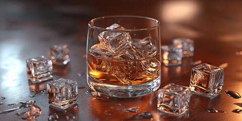 Whiskey glass with ice cubes on wooden surface, showcasing amber liquid and condensation, suggesting relaxation and sophistication