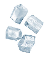 Clear ice cubes falling on white background