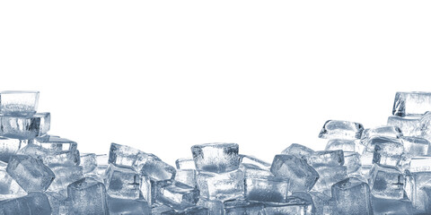 Pile of clear ice cubes on white background