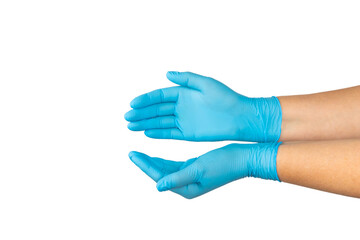 Medical nitrile gloves isolated on white background. Surgical latex gloves. Rubber gloves production. Doctor or nurse putting on protective gloves. Medicine concept. Sterility, protection.