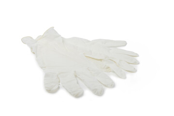 Medical nitrile gloves isolated on white background. Surgical latex gloves. Rubber gloves production. Doctor or nurse putting on protective gloves. Medicine concept. Sterility, protection.