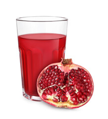 Tasty pomegranate juice in glass and fresh fruit on white background