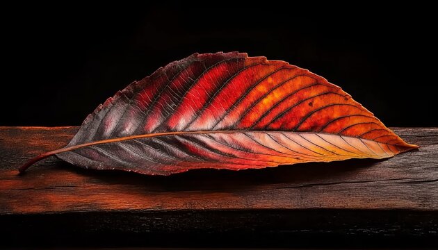 A single leaf, black and red with orange highlights, rests on an old wooden table. The background is dark wood, adding to the dramatic effect