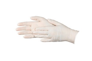 Medical nitrile gloves isolated on white background. Surgical latex gloves. Rubber gloves production. Doctor or nurse putting on protective gloves. Medicine concept. Sterility, protection.