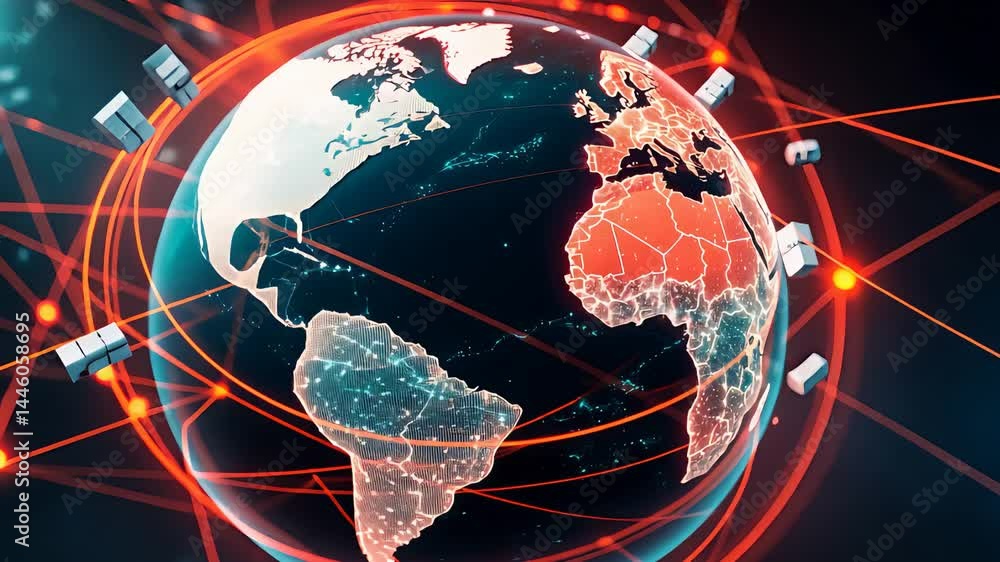 Poster digital earth with red glowing network lines and orbiting satellites highlighting global connectivit