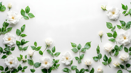 Obraz premium Elegant white roses with green leaves on pure white background floral arrangement studio setting