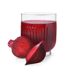 Tasty beet juice in glass and fresh cut vegetable on white background
