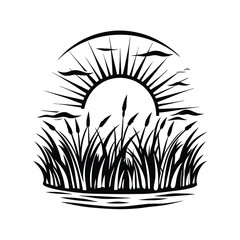 Black Silhouette Reeds, Sun, and Water Minimalist, Simple Illustration, Nature