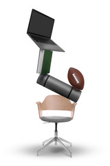 Work-life balance. Tower of laptop, book, ball, mat and office chair on white background