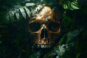 Skull nestled amidst lush tropical foliage.