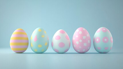Fototapeta premium Colorful pastel eggs arranged in a row, decorative Easter theme, soft tones create a cheerful and festive ambiance.