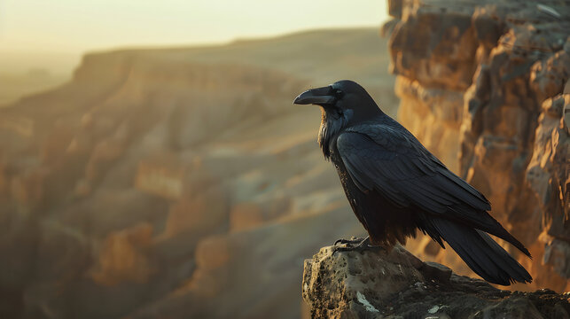 A raven perched on a rocky cliff overlooking a vast canyon landscape at sunset or sunrise light