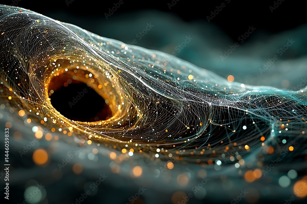 Poster abstract wave fiber network with bokeh lights and swirl design on dark backdrop