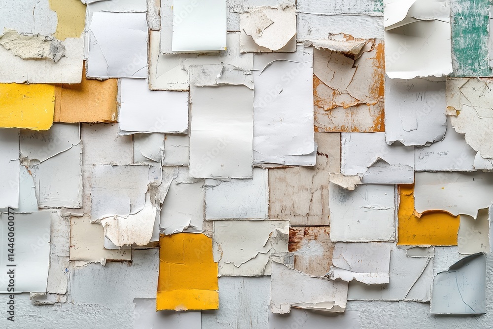 Poster colorful layers of distressed paper create an eclectic textured wall in a vintage setting, showcasin