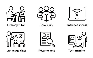 Community education and literacy icon set – outline style learning, tutoring, and digital access symbols for educational tools: literacy tutor, book club, internet access, language class, resume help