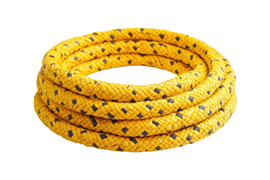 Bright yellow rope with black dots coiled neatly on white background A vibrant textured image