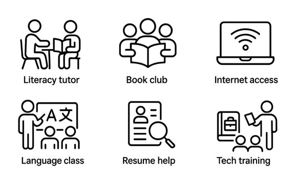 Community education and literacy icon set – outline style learning, tutoring, and digital access symbols for educational tools: literacy tutor, book club, internet access, language class, resume help