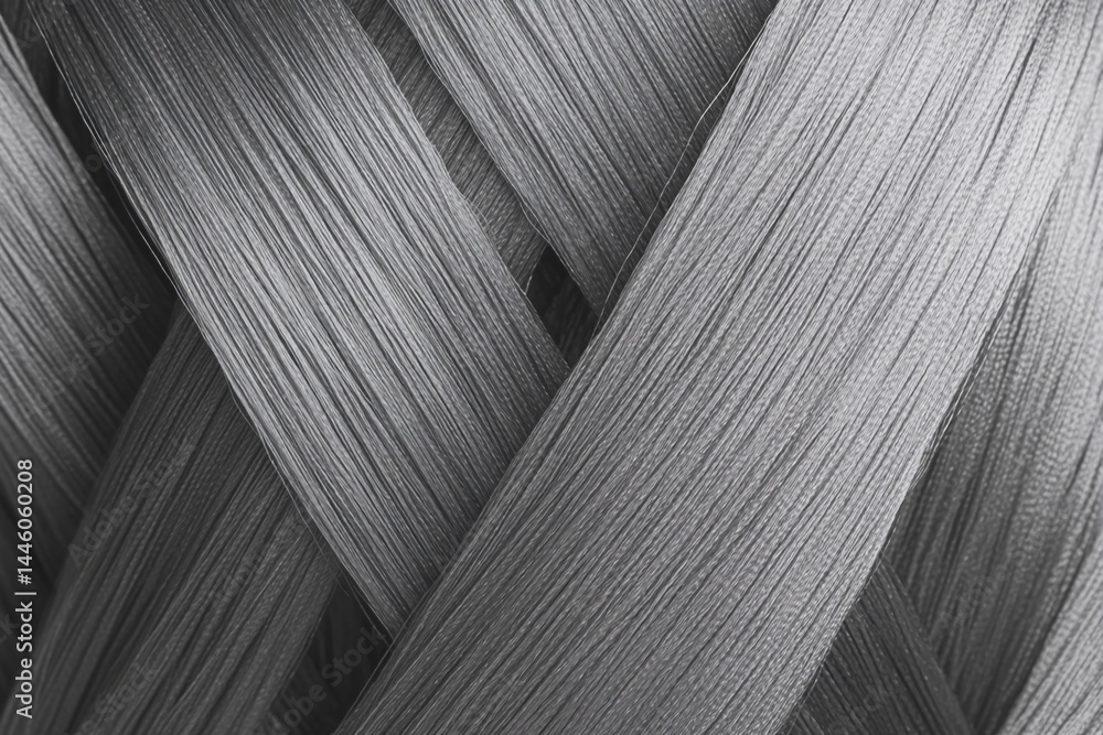 Poster gray textured fabric strands, woven in a crisscross pattern, creating an abstract, geometric design,