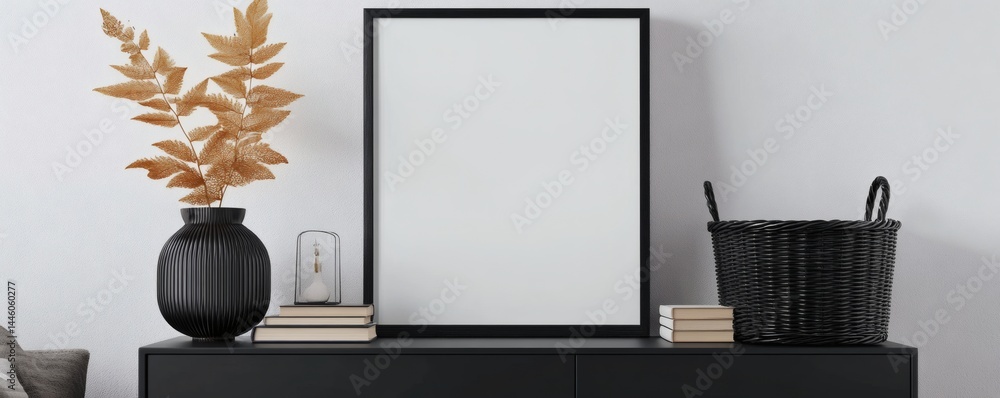 Poster modern minimalist interior design features blank frame and decorative objects