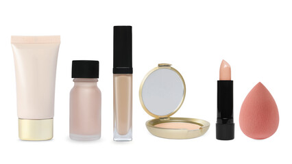 Liquid foundation, powder, sponge and concealers isolated on white, set