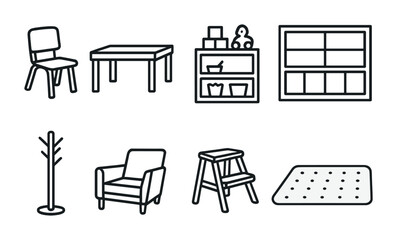 Home furniture linear icons set - outline style interior, decor, and organization symbols: chair, table, shelf, coat rack, armchair, step ladder, rug