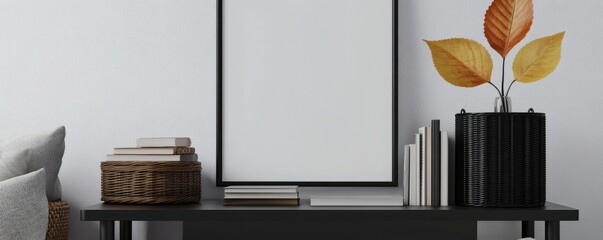 A minimalist interior features framed artwork and decorative objects