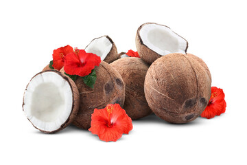 Many coconuts and red hibiscus flowers isolated on white
