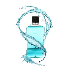Mouthwash in bottle and splashes isolated on white