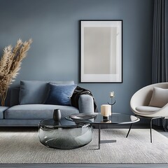 Creative composition of modern living room interior with mock up poster frame, stylish glass coffee table, blue pillow, boucle sofa, armchair, round rug and personal accessories. Home decor. 