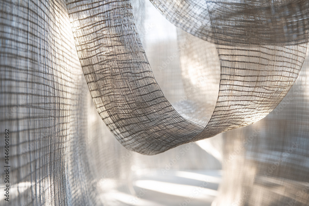 Poster close-up of beige woven fabric texture, light and airy, creating a flowing, translucent appearance, 