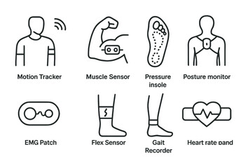 Wearable health technology icon set – outline style monitoring, fitness, and wellness symbols: motion tracker, muscle sensor, pressure insole, posture monitor, emg patch