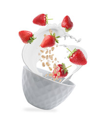 Oat flakes with fresh strawberries and milk splashing out from bowl in air on white background