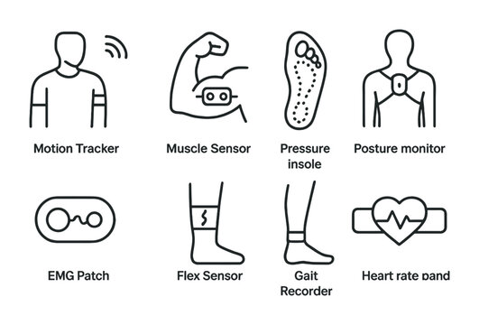 Wearable health technology icon set &ndash; outline style monitoring, fitness, and wellness symbols: motion tracker, muscle sensor, pressure insole, posture monitor, emg patch