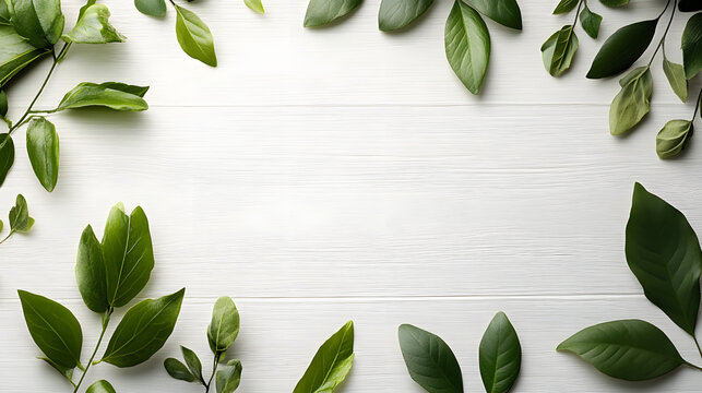 Lush green leaves arrangement on horizontal pure white background nature flat lay minimalist design
