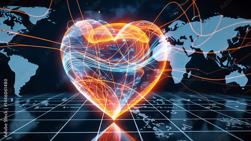 Poster glowing digital heart shape made of orange and blue light trails over a dark world map grid backgrou