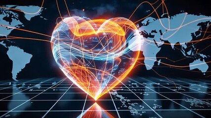 Glowing digital heart shape made of orange and blue light trails over a dark world map grid background with interconnected network lines

 - Powered by Adobe