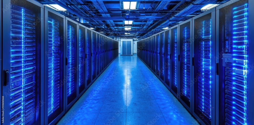 Aufkleber Symmetrical aisle in a blue-lit server room lined with high-tech racks, perfect for cybersecurity content, data cloud solutions, and IT service visuals