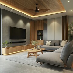 Modern living room interior design showcasing a cozy aesthetic.