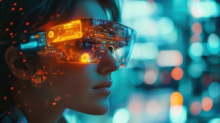 Person wearing augmented reality glasses in autumn park with glowing blue interface