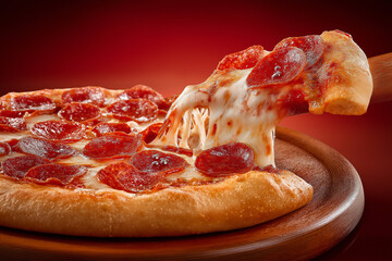 side view of a full rounded pizza with peperoni and one slice coming up with cheese melting in between isolated on orange background photo, clean solid orange background