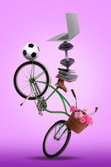 Work-life balance. Tower of laptop, dumbbell, books, soccer ball and bicycle on violet gradient...
