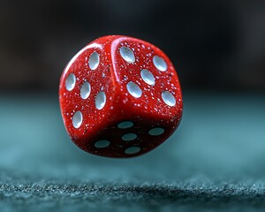 Red die in mid-air, speckled surface